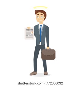 Isolated man with nimbus standing with resume on white.