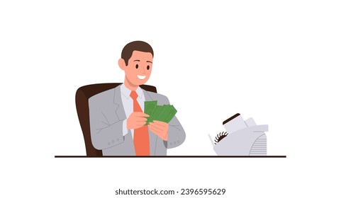 Isolated man office worker cartoon character counting money cash financial revenue at workplace