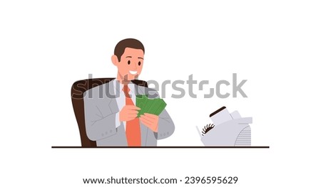 Isolated man office worker cartoon character counting money cash financial revenue at workplace