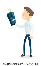 Isolated man with pos and bill on white background.