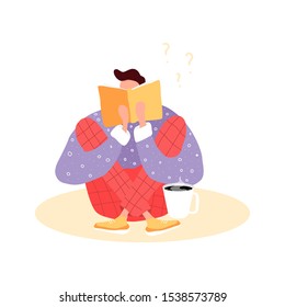 Isolated man reading a book and drinking a cup of coffee or tea. Flat illustration with boy and open book. Poster for education, library, culture festival day. Reader smart young character.  