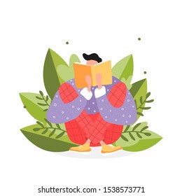 Isolated man reading a book. Flat illustration with boy, open book sitting in big leaves. Poster for education, library, culture festival day. Reader smart young character.  