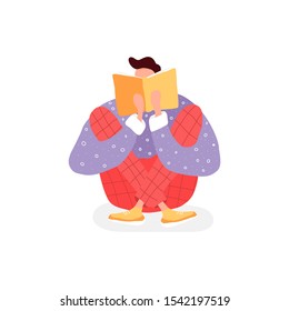 Isolated man reading a book. Flat illustration with boy and open book. Poster for education, library, culture festival day. Reader smart young character.  