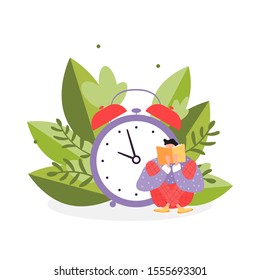 Isolated man reading a book. Flat illustration with boy, open book sitting in big leaves and big clock. Poster for education, library, culture festival day. Reader smart young character.  