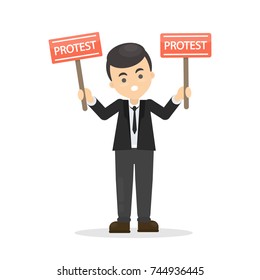 Isolated man with red protest signs on white background.
