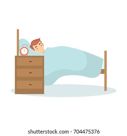 Isolated man sleeping in bed on white background.