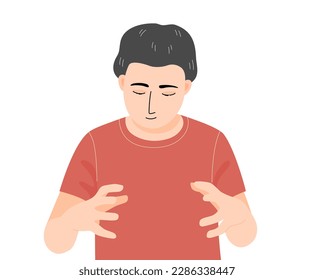 Isolated of a man smiling and focusting on hands holding empty space, between hands in flat vector illustration.