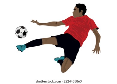 Isolated man Soccer player, young afro kicking ball.