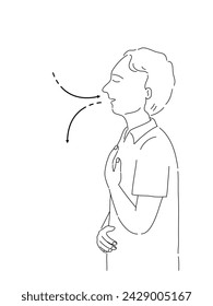Isolated of a man standing alone and breathing fresh air for manage his stress and anxiety in line drawing cartoon.