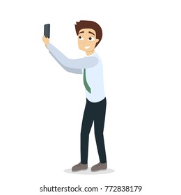 Isolated man taking selfie on white background.