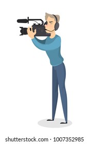 Isolated man with video camera for filming.