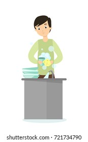 Isolated man washing dishes on white background.