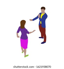 Isolated man and woman talk and gesticulate while standing. Scene of people in isometric view.