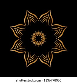 Isolated Mandala vector illustration. Design lotus gradient gold on black on white background. Design print for wallpaper, texture, symbol, brooch, embroidery. Set 15