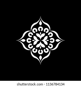 Isolated Mandala vector illustration. Design lotus white on black background. Design print for wallpaper, texture, symbol, brooch, embroidery. Set 24