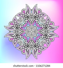 Isolated mandala in vector. Line art decorative element on holographic background