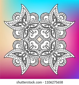 Isolated mandala in vector. Round line pattern on holographic background. Line art decorative element