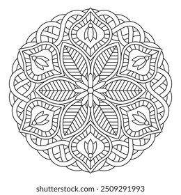 Mandala isolada em vetor. Padrão de linha redonda em cores pretas e brancas. Elemento vintage 