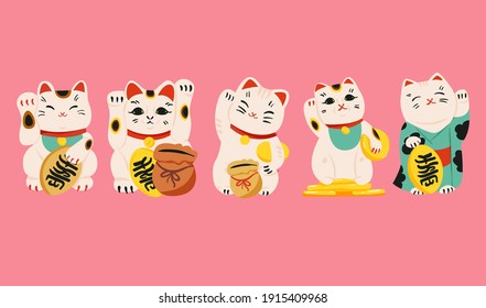 Isolated Maneki Neko collection. Set of various asian lucky cat symbols. Japan culture decoration,  cartoon clipart. Fortune sign, folklore toy. Japanese world means 