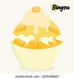 Isolated mango bingsu or shaved ice with fresh mango slices, syrup, and ice cream. Korean traditional dessert