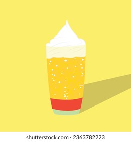 Vidrio de extracción con agua asfixiado por hielo de mango aislado con líquido salpicante y ilustración flotante sobre fondo amarillo, sombra larga.