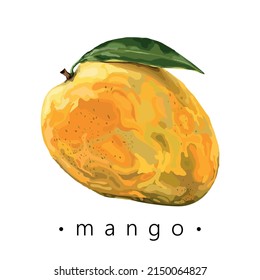 Einziger Mango mit Blättern auf weißem Hintergrund. Stylisierte gelbe Mango. Reife tropische Früchte. Drucken, Banner, Label, Poster, Aufkleber, Logo. Vektorgrafik.