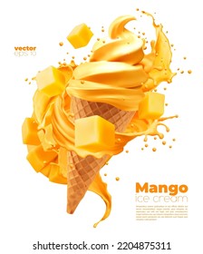 Cono de helado suave de mango aislado con salpicaduras. Giro de helado amarillo realista vectorial en taza de wafer con goteo de salsa y cubos de fruta volando. Postre dulce y cremoso