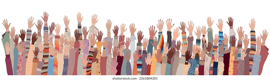 Isolated many raised group hands and arms of multicultural and international women. Women’s day. Businesswomen. Equality Allyship. Female social community of diverse culture. Empowerment