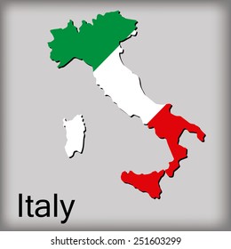 an isolated map of italy with its flag and text