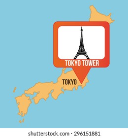 Isolated map of Japan with the Tokyo tower. Vector illustration