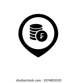 isolated map marker with Swiss franc, black vector illustration