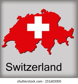 an isolated map of switzerland with its flag and text