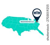 Isolated map of united states with the White House pin point in Washington D.C. Vector illustration.