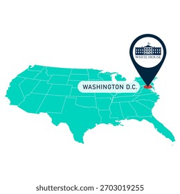 Mapa aislado de Estados Unidos con el punto de anclaje de la Casa Blanca en la Ilustración vectorial de Washington D.C.