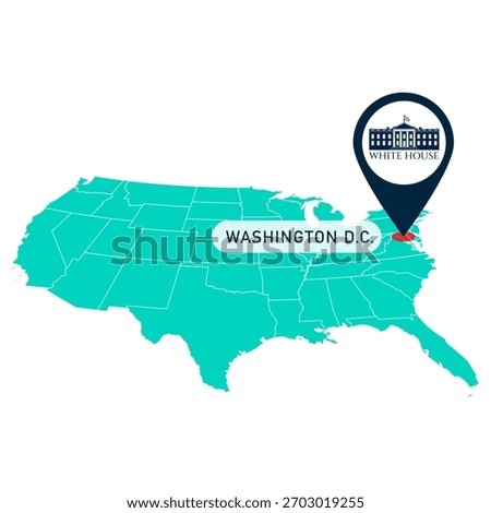 Isolated map of united states with the White House pin point in Washington D.C. Vector illustration.