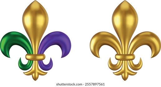 isolated mardi gras lily. golden and tricolor lily. mardy gras 3d symbol