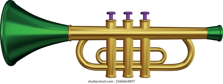 isolated mardi gras trumpet. 3d trumpet with mardi gras colors