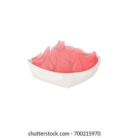Isolated marinade ginger on plate on white background.