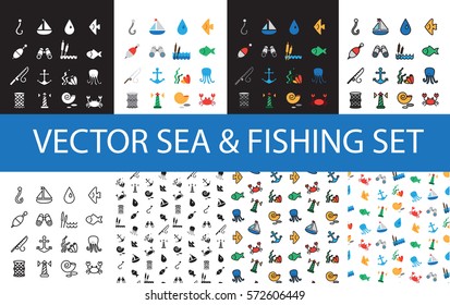 Isolated marine and fishing icons and patterns set. Vector