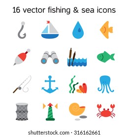 Isolated marine and fishing icons set. Vector
