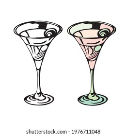isolated martini glass element set, black and white, color vector