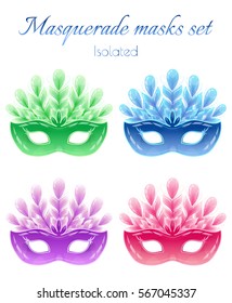 Isolated masquerade masks set: red, green, blue and purple masks with feathers. White background. All elements are grouped.