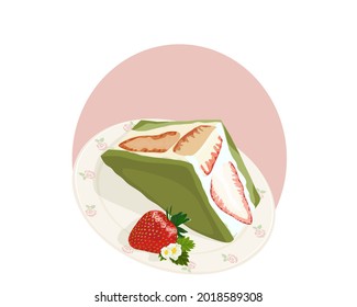 Isolated matcha strawberry sandwich cream cake on white background. Bakery vector hand drawing illustration. Close up authentic anime food. 