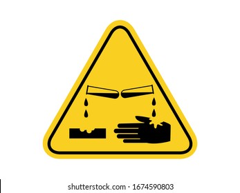 isolated materials causing skin corrosion burns , common hazards symbols on yellow round triangle board warning sign for icon, label, logo or package industry etc. flat style vector design. 