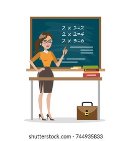 Isolated math teacher. Woman with pointer and chalkboard.