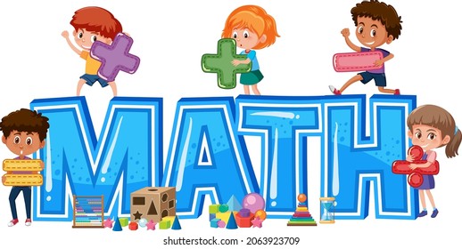 Isolated Mathematics Font Banner With Kids Holding Math Symbol Illustration