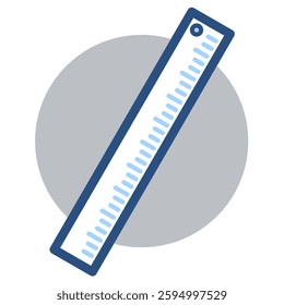 Isolated measuring ruler graphic, featuring blue and white colors with a gray circle background This icon is great for educational and design projects.