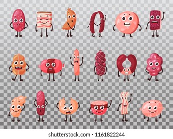 Isolated meat food as cartoon meat characters. Salami and frankfurter sausage, roulade and kielbasa, wurst and fat, lard and tallow, grease nutrition, beef and pork dinner.