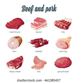 Einzige Fleischerzeugnisse auf weißem Hintergrund, die frisch und saftig aussehen. Bereit für das Grillen. Vektorgrafik auf realistische Art