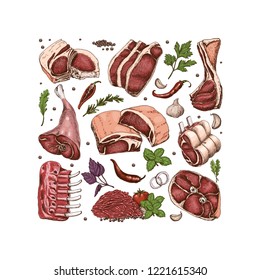 Isolated meat square with different color meats in sketch style. Vector illustration for your design